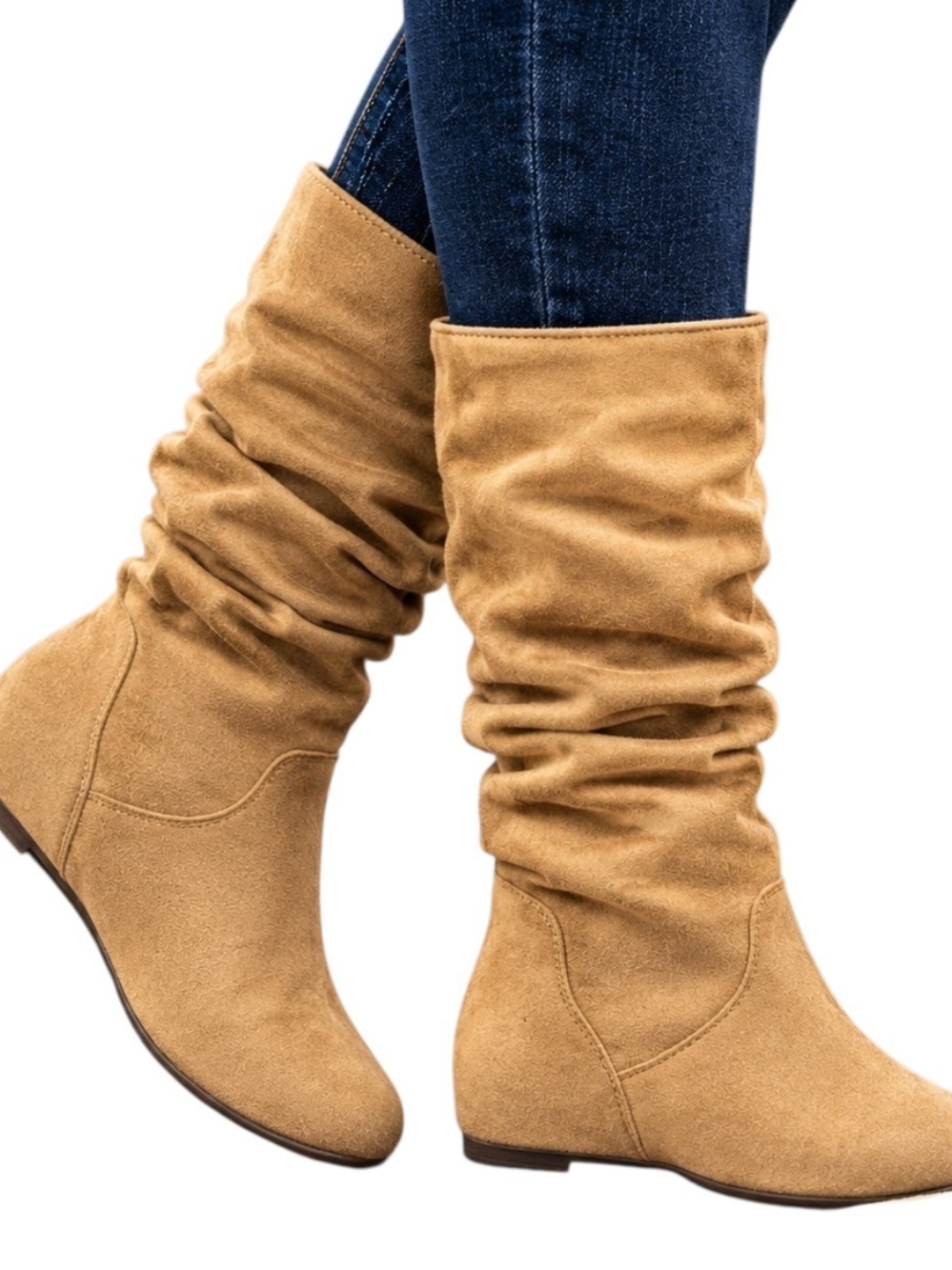 NIB Wild Diva Kalisa-04 Tan Faux Suede Slouchy Flat Mid-Calf Boots Size 6.5